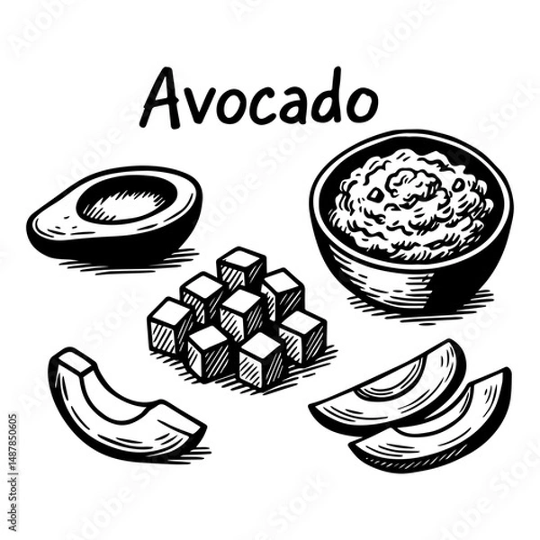 Fototapeta Avocado, Hand drawn sketch, sliced avocado, whole and in pieces. Vector food packaging design