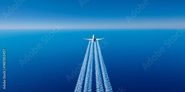Obraz Airplane flying over ocean leaving contrails under clear blue sky