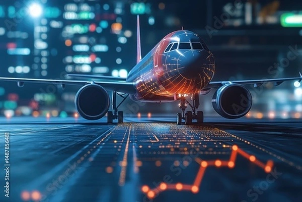 Fototapeta A commercial airplane on a runway at night, with digital graphs and city lights in the background, suggesting technology and data analysis in aviation.