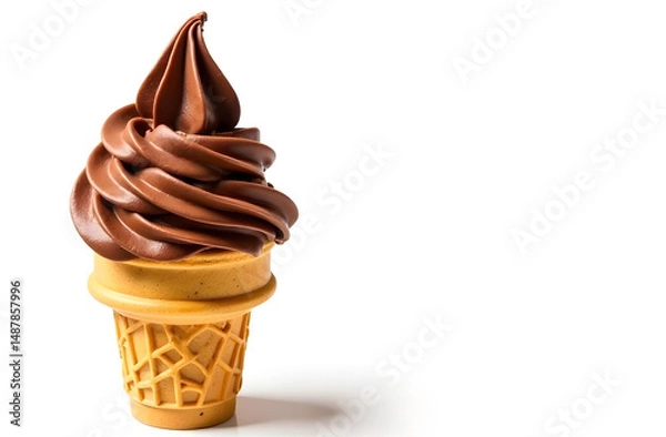 Obraz Chocolate soft serve ice cream cone isolated on white background close-up. 