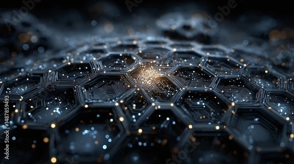 Fototapeta Cyber-inspired blue graphic with dynamic circuitry design and modern hex grid layout 