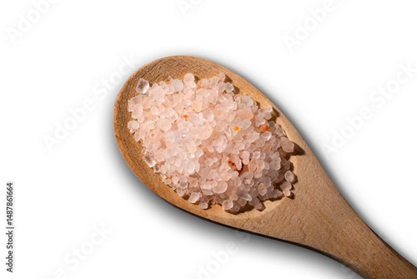 Fototapeta wooden spoon containing pink salt isolated on white background