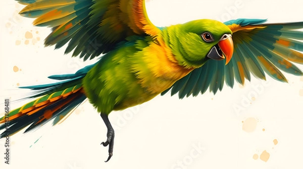 Obraz Pastel Portrait of a Colorful Green Parrot with Orange Beak on White Background — Soft Light & Subtle Detail, Generative AI