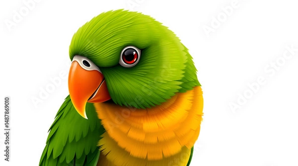 Obraz Pastel Portrait of a Colorful Green Parrot with Orange Beak on White Background — Soft Light & Subtle Detail, Generative AI