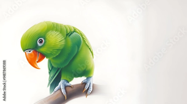 Obraz Pastel Portrait of a Colorful Green Parrot with Orange Beak on White Background — Soft Light & Subtle Detail, Generative AI