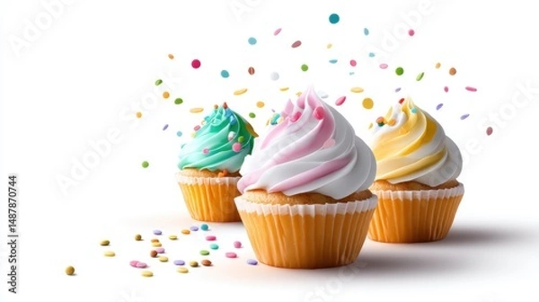 Fototapeta Three Colorful Cupcakes with Sprinkles on White Background