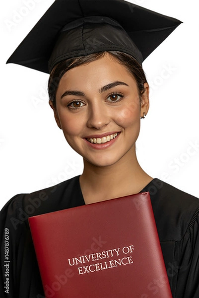 Obraz Smiling Graduate Holding Diploma with University of Excellence on Transparent Background