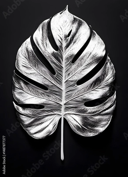 Fototapeta a close-up shot of a silver monstera leaf against a black background. The leaf's unique shape and intricate details stand out dramatically