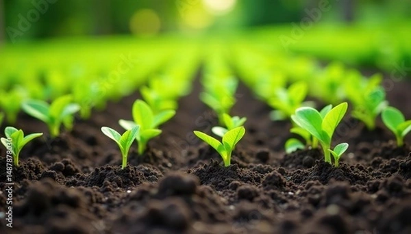 Fototapeta Rows of young plants thriving in fertile garden bed, farm, ecosystem, vibrant