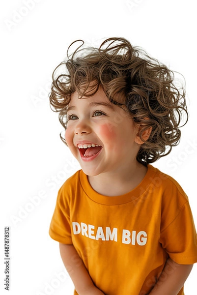 Obraz Smiling Toddler Wearing Dream Big Shirt on Transparent Background Portrait with Curly Hair