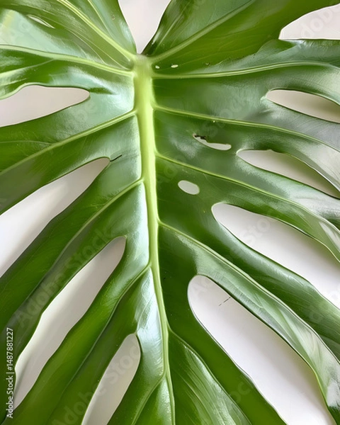 Obraz Close-up of Monstera leaf with natural light and cutout patterns