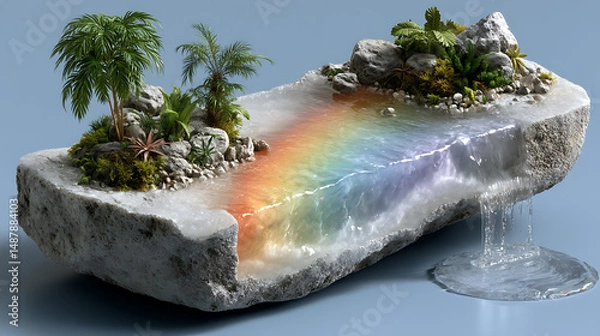 Fototapeta Hyper-Realistic Fantasy Island with Shimmering Waterfalls, Rainbow Mist, and Ethereal Light on Isolated Soft Background – High-Detail Nature Scene for Dreamlike Design