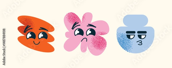 Fototapeta Set of abstract geometric characters expressive facial expressions. Concept emotions  happiness, sadness, confusion, and smugness. Flat vector cartoon style illustration isolated emotion icons
