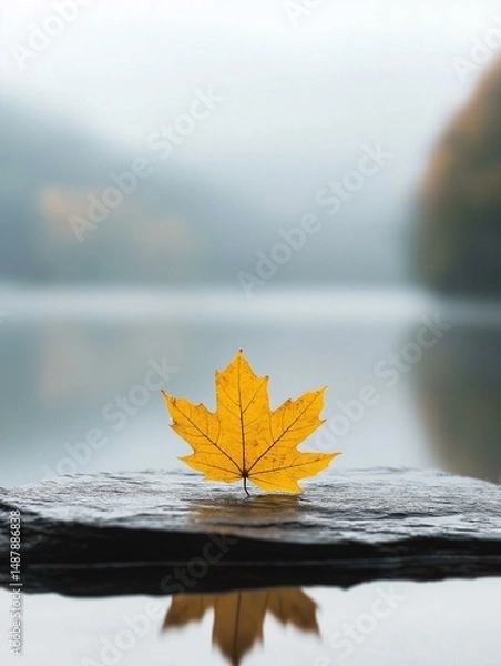 Fototapeta Photograph of a single yellow maple leaf resting on a black rock. the leaf is in the center of the image, with its stem and leaves clearly visible.