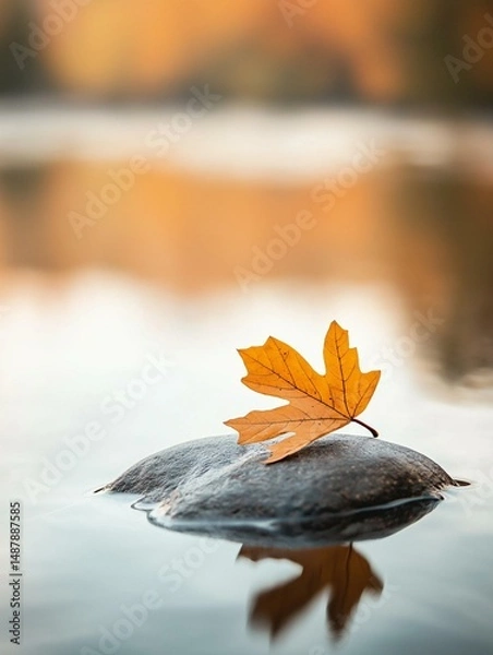 Fototapeta Photograph of a single orange maple leaf resting on a small rock in the water. the leaf is in the center of the image, with its stem and leaves clearly visible.