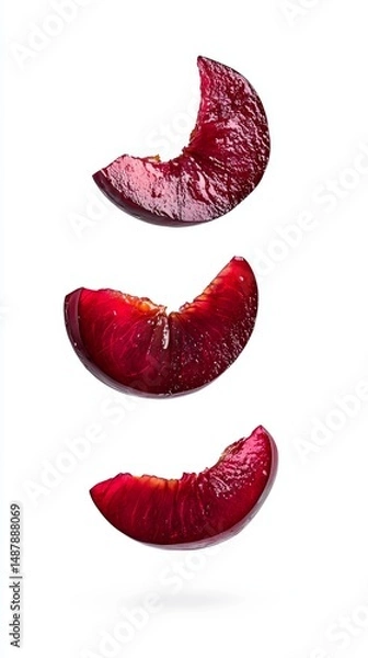 Fototapeta Vibrant Plum Slices Floating on White Background