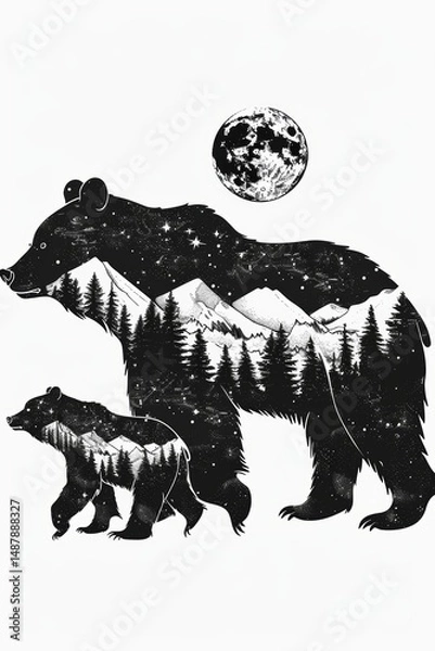 Fototapeta Walking bear and cub filled with forest and night sky