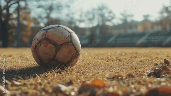 Fototapeta Nostalgic moments captured in vintage football resting on sunlit dry grass, surrounded by blurred stadium seating, evoking classic memories of the game in a quiet afternoon