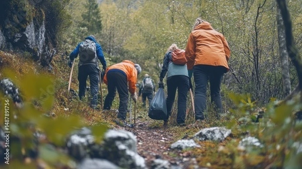 Fototapeta Volunteers unite for eco-activism by cleaning a national park trail while embracing nature’s beauty and promoting sustainability in an inspiring collective effort