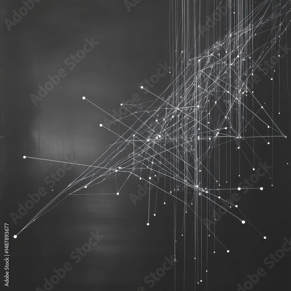 Fototapeta An abstract minimalist interpretation of a blockchain — a series of thin, straight lines in white and silver, intersecting at subtle angles on a dark gray canvas. High quality photo