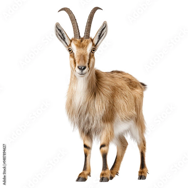 Fototapeta A light brown chamois with horns stands proudly on a stark white background.