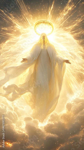 Fototapeta A glowing celestial being in flowing white robes, golden halo above its head, standing on luminous clouds, soft light rays, ethereal atmosphere, highly detailed, divine energy, dynamic lighting