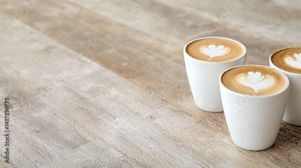 Fototapeta Latte Art in White Cups on a Wooden Table