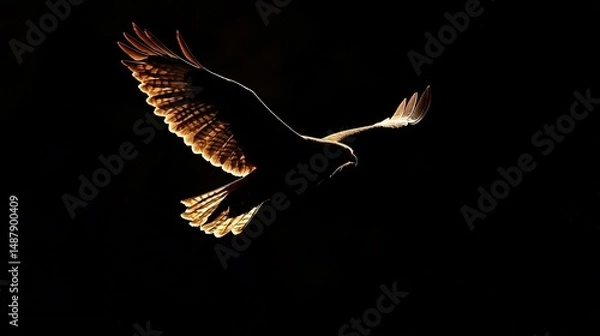 Fototapeta Majestic hawk in flight creating a striking silhouette against a dark background, capturing the essence of power and freedom.