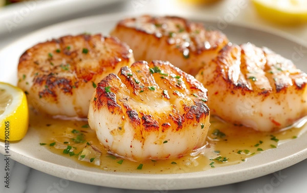 Fototapeta Seared Scallops with Lemon Butter Sauce, Gourmet Seafood Dish Close-up