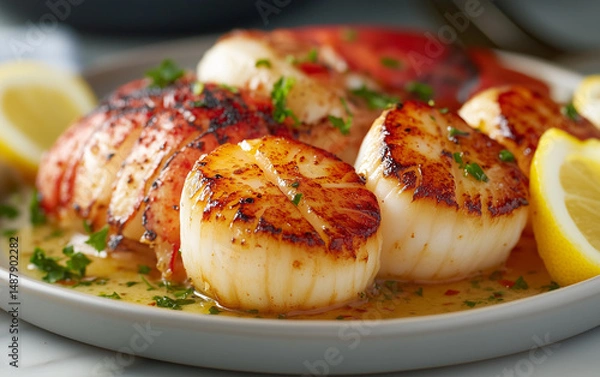 Fototapeta Seared Scallops and Lobster Tail with Lemon Butter Sauce, Gourmet Seafood Dish