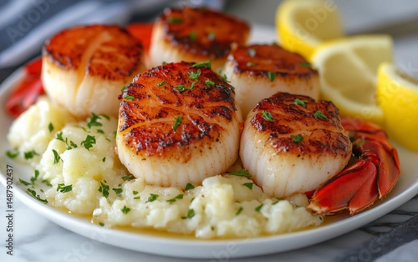 Fototapeta Seared Scallops with Mashed Potatoes, Lobster Claw, and Lemon Wedge on White Plate