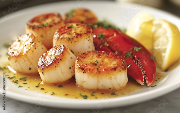 Fototapeta Seared Scallops with Lobster Claw and Lemon Wedge on White Plate
