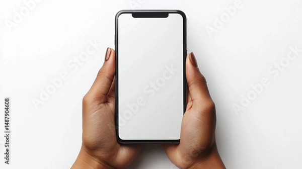 Fototapeta Hands holding smartphone with blank screen on white background