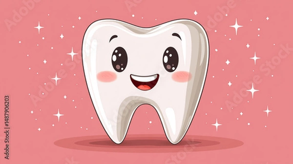 Fototapeta Happy, shiny tooth on pink sparkling background