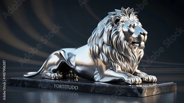 Obraz Silver lion sculpture 3D render on a dark background