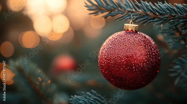 Fototapeta Red ornament hangs on a pine tree at sunset with bokeh lights