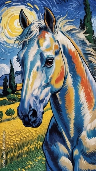 Fototapeta Fauvist horse: image shows a bright, expressive portrait of a horse rendered in the Fauvist style with the use of intense, non-naturalistic colors and energetic brushstrokes.