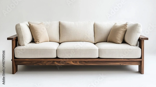Fototapeta Modern sofa with cushions in minimalist white studio