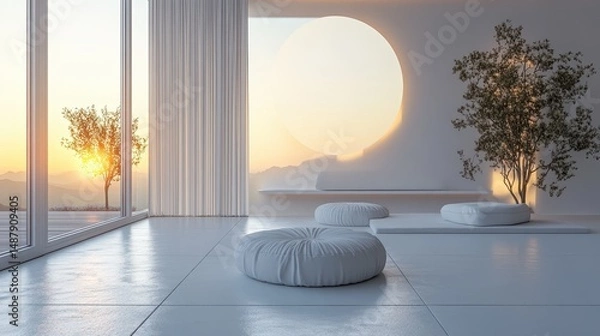 Fototapeta Serene Minimalist Interior Design White Room with Sunset View