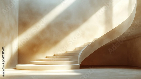 Fototapeta Sunlit Spiral Staircase in Minimalist Interior