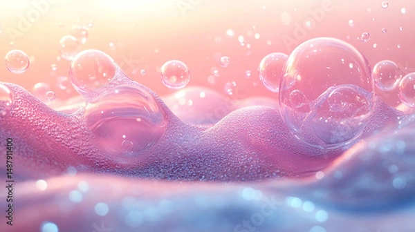 Fototapeta Pink bubbly foam surface with bubbles, sparkles, and sunset background