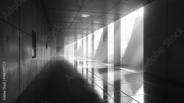 Fototapeta Sunlit concrete corridor with reflections, exterior view