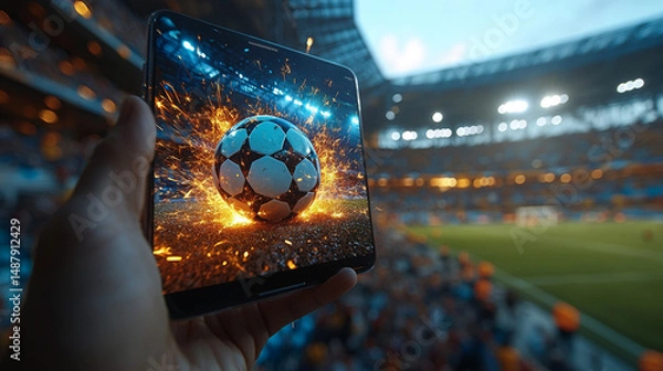 Fototapeta Hand holds phone showing exploding soccer ball in crowded stadium during match