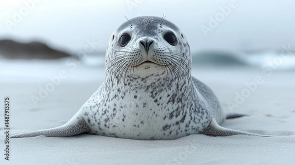 Fototapeta Seal pup resting on sandy beach, ocean waves in background