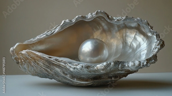 Fototapeta Pearl in oyster shell on table, neutral background