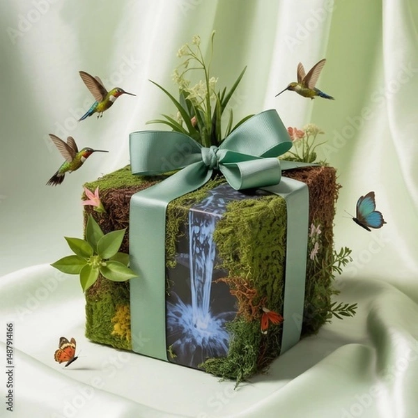 Fototapeta Enchanted forest gift box: image shows a gift box covered in moss and plants, featuring a waterfall image, adorned with a ribbon and flowers, surrounded by hummingbirds and butterflies on a light back