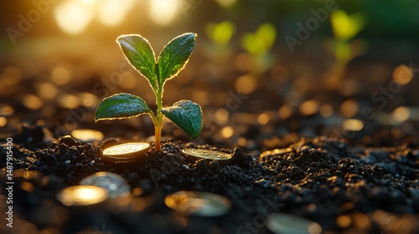 Fototapeta Seedling growing from coins in soil at sunset, new growth background