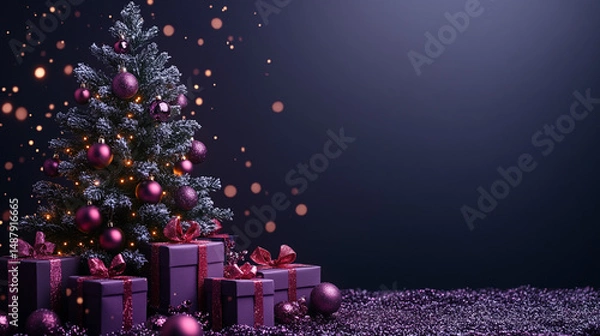 Fototapeta Purple Christmas tree with gifts on snowy ground, dark background, copy space