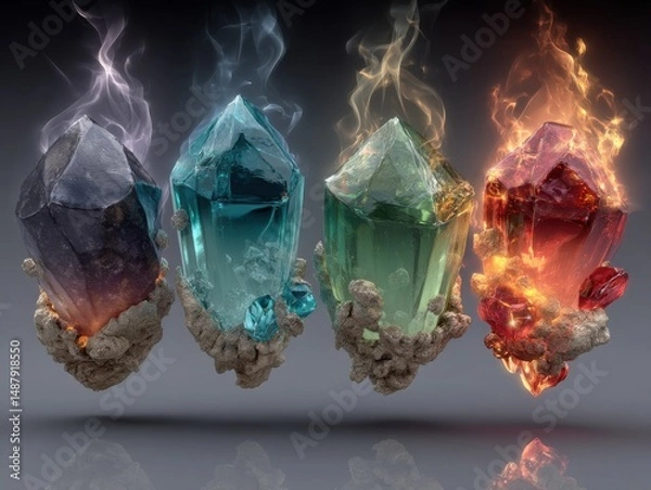 Fototapeta Four glowing crystals, each a different color and element, hover against a dark gray background, emitting smoke or fire, showcasing their unique energy. : Generative AI