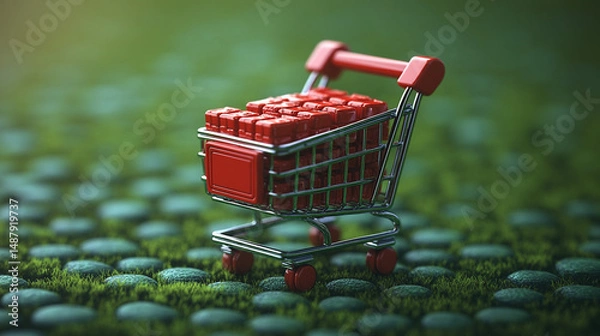 Fototapeta Red shopping cart filled with cubes on green textured surface